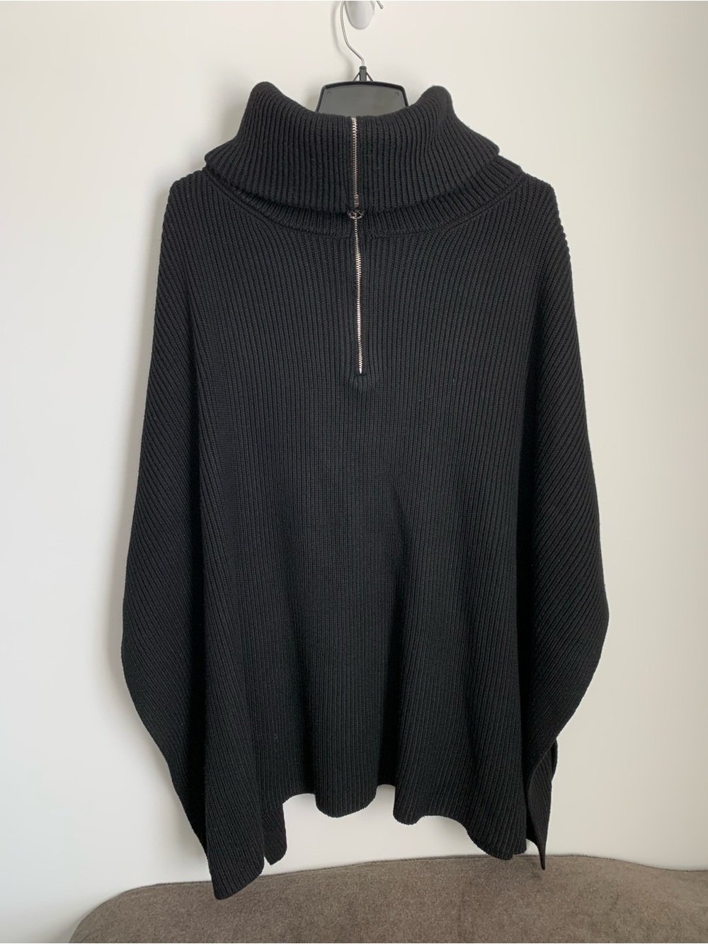 Michael Kors Women's Black Half-Zip Turtleneck Shawl Wrap Poncho Ribbed Heavy
